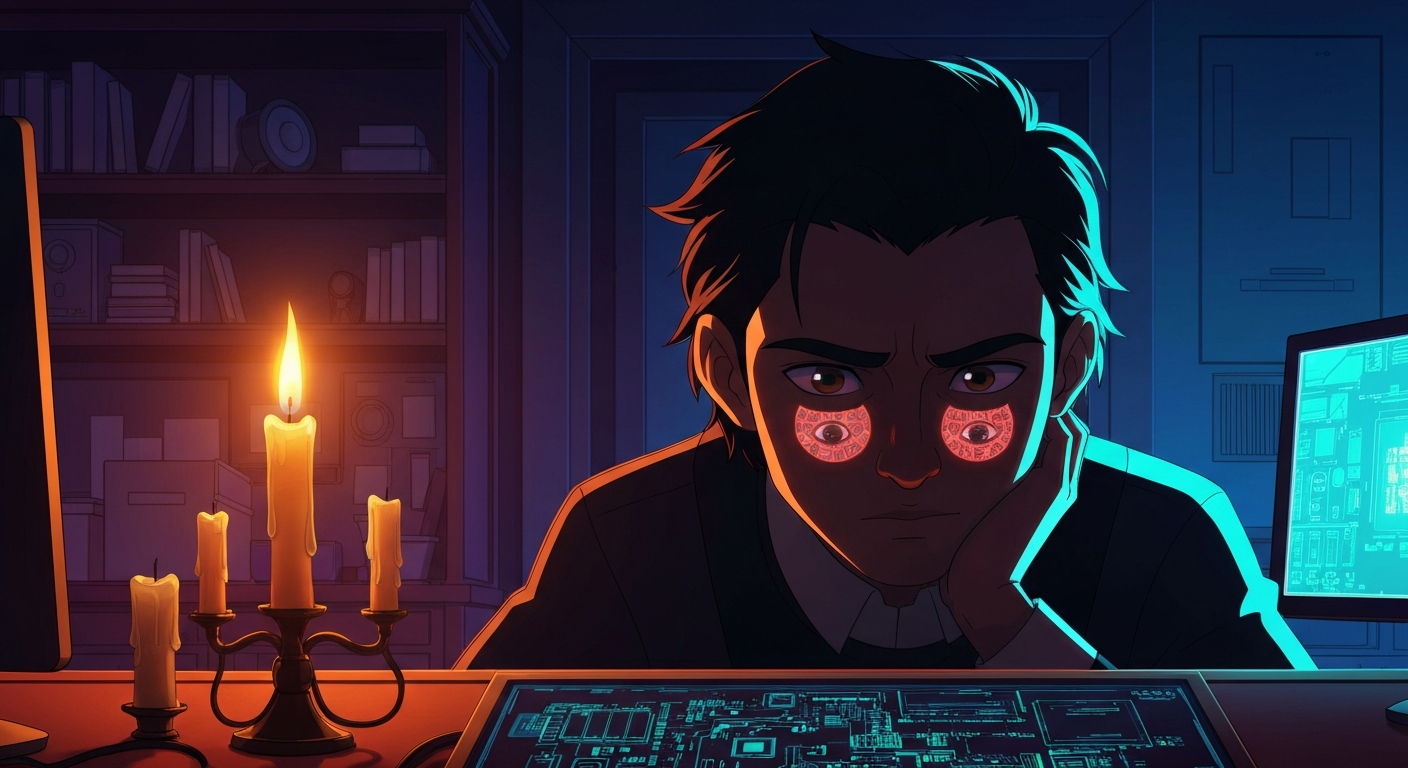 Cinematic hyperrealistic art: a contemplative person, face partially obscured by dramatic shadow, seated at a desk with a glo