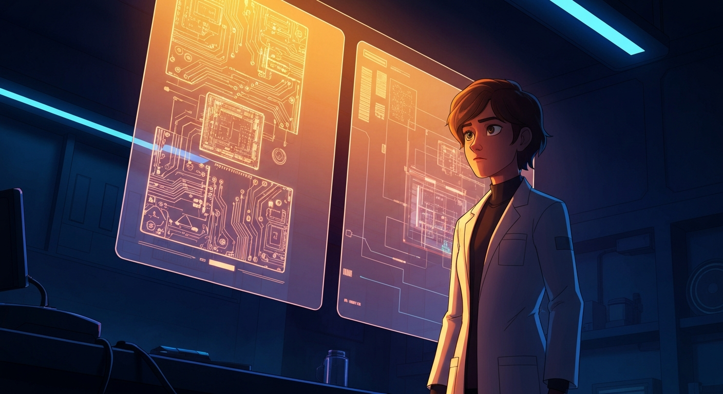 Cinematic hyperrealistic digital art: a contemplative young scientist, dressed in modern lab attire, stands in a dimly lit, h