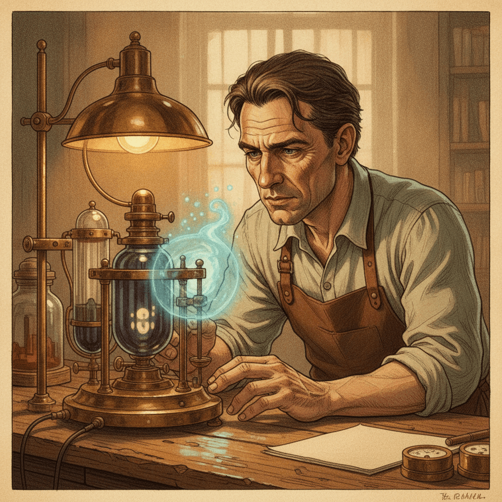 Cinematic hyperrealistic art: A scientist, mid-40s, with deep lines of concentration around their eyes, leaning forward sligh