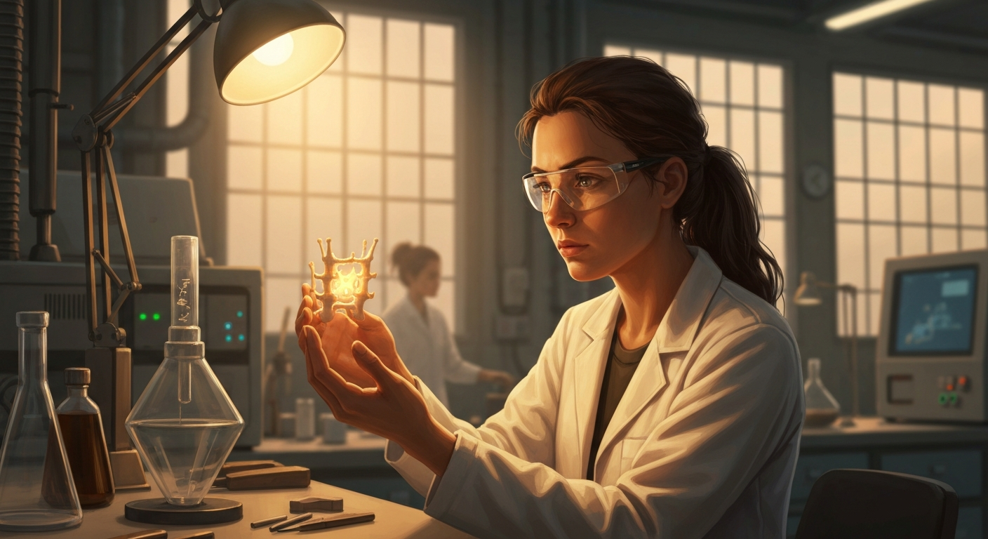 Cinematic hyperrealistic art: a determined young scientist, perhaps in their late 20s, in a softly lit, amber-hued laboratory