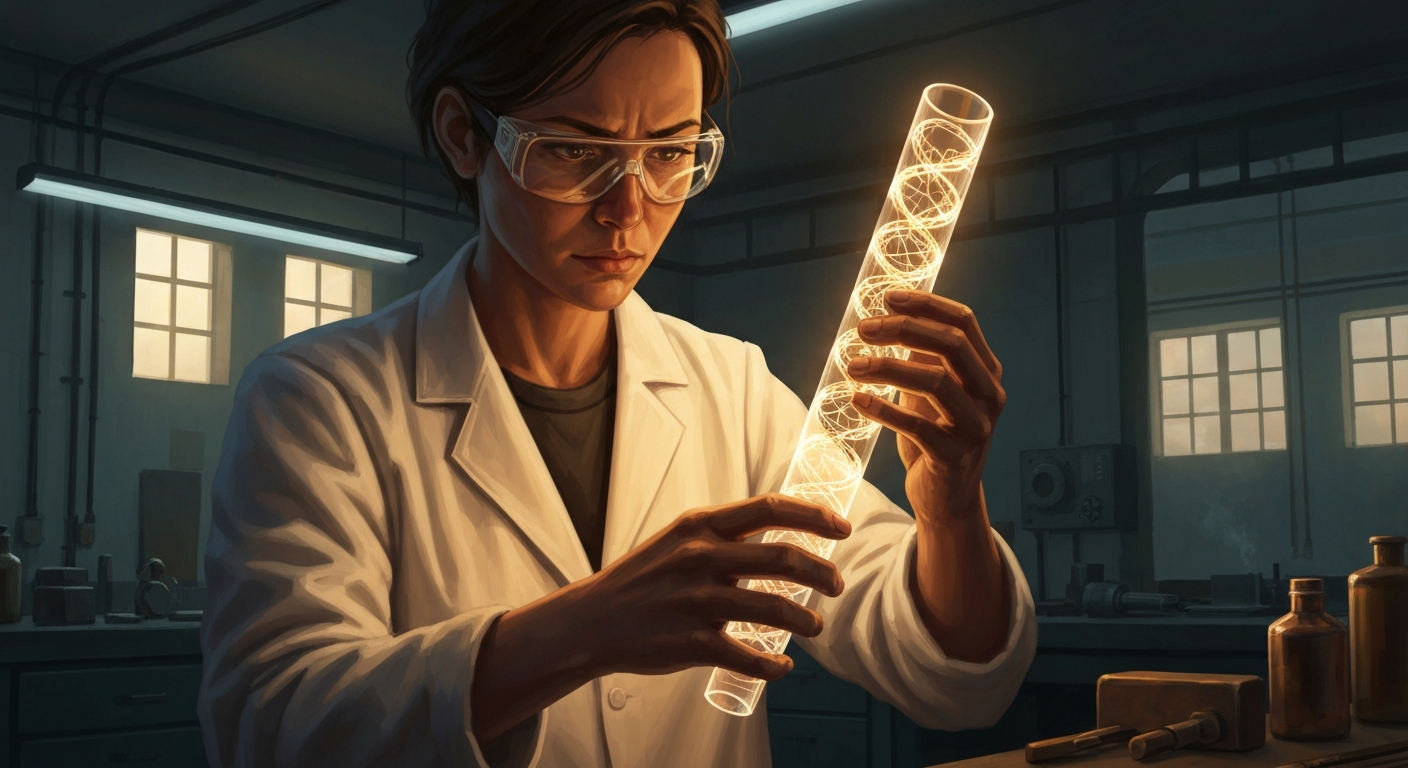 Cinematic hyperrealistic digital art: A scientist, with deep concentration, holds a glowing, intricate, spiraled translucent