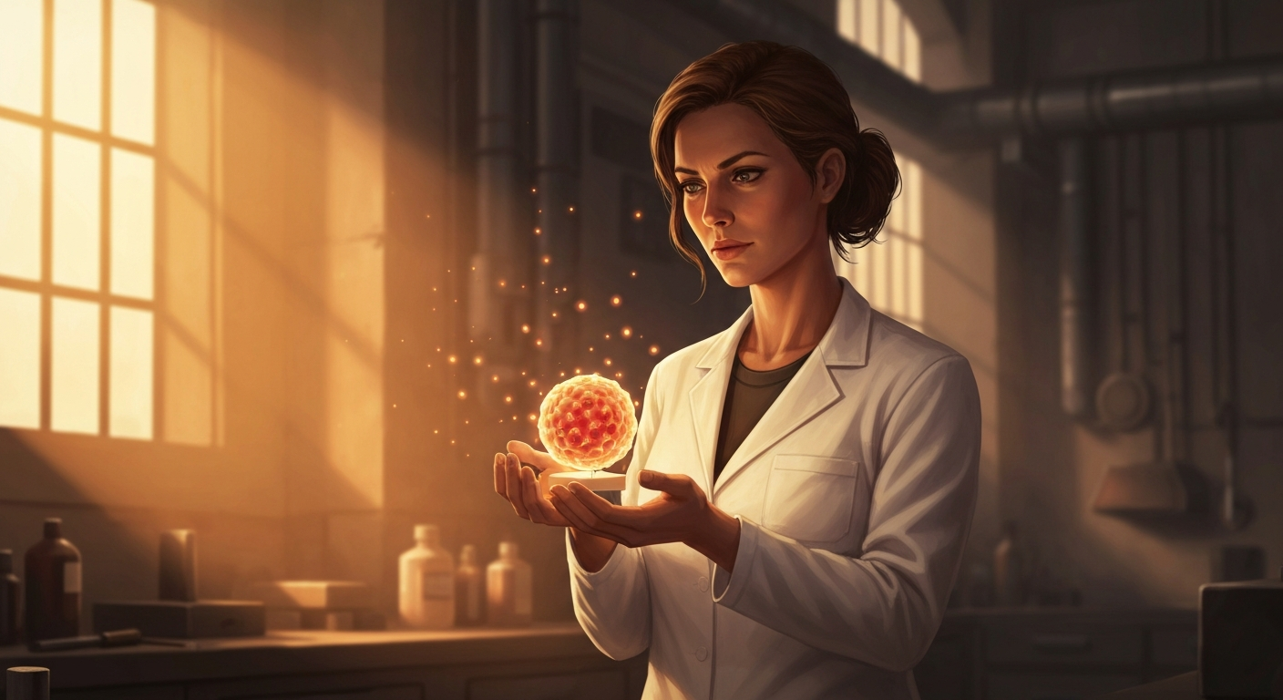 Cinematic hyperrealistic art: A lone female scientist, mid-30s, with a determined expression, gently holding a glowing, micro
