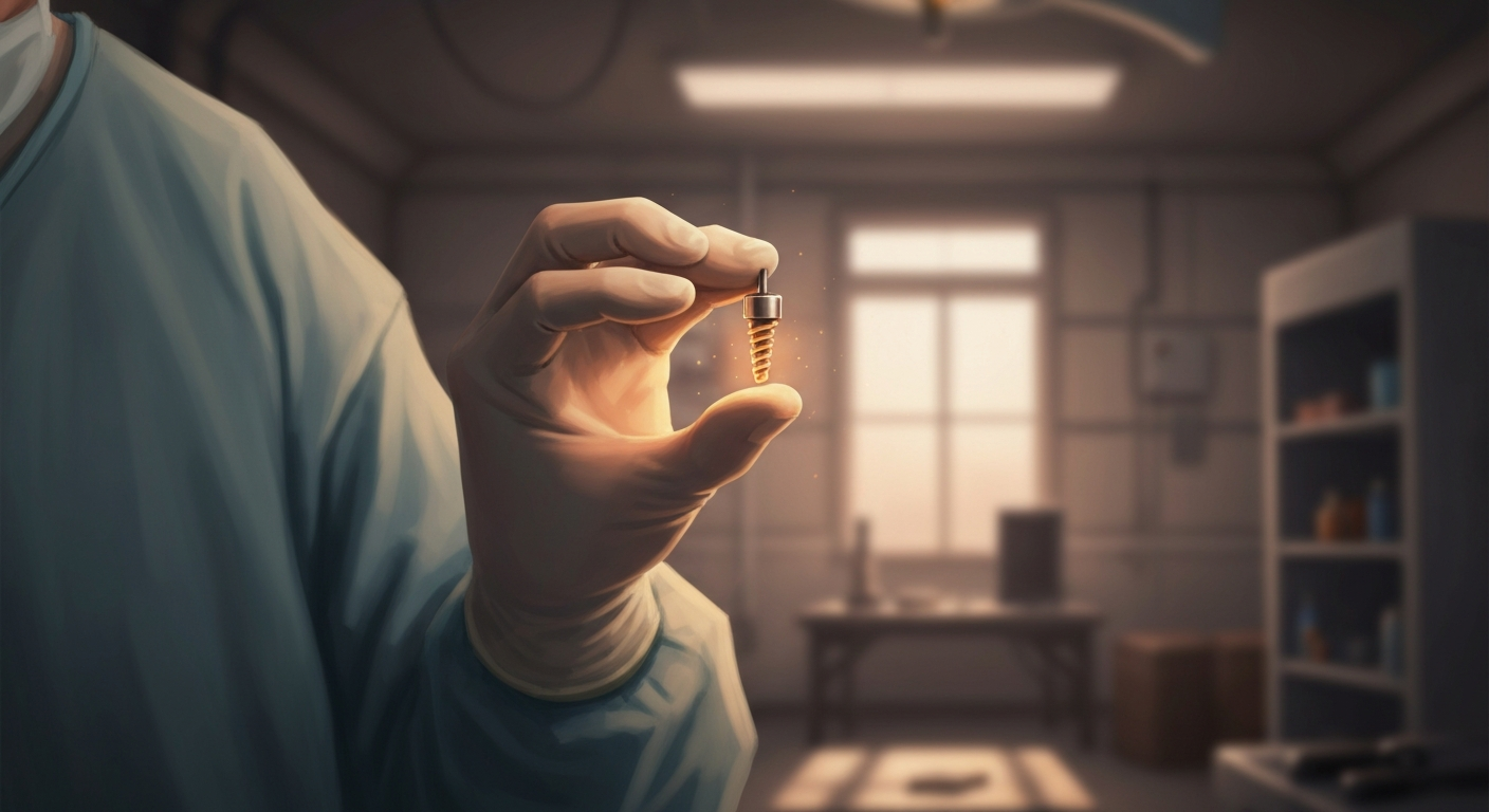 Cinematic hyperrealistic art: A surgeons gloved hand delicately holding a small, intricate medical implant, possibly a stent