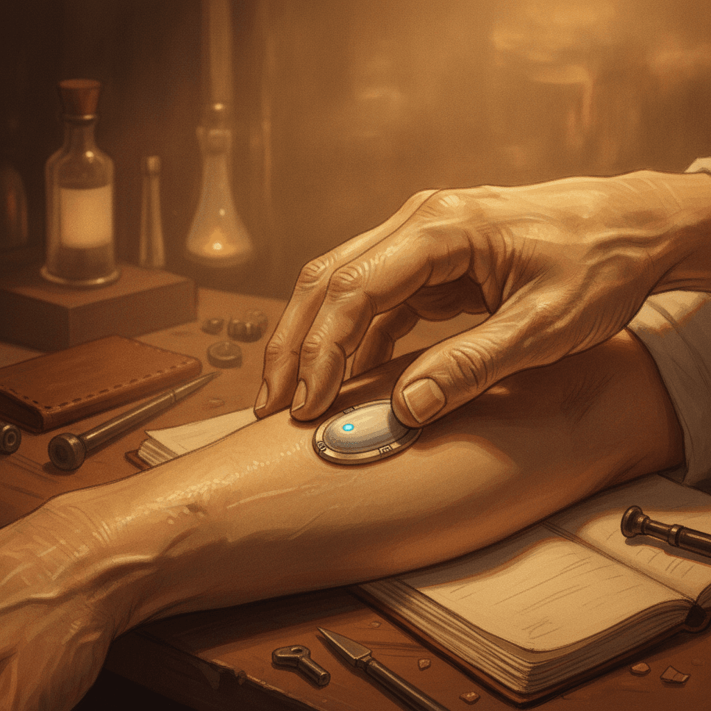 Cinematic hyperrealistic art: A persons hand, aged slightly but active, gently touching a small, smooth, high-tech patch on