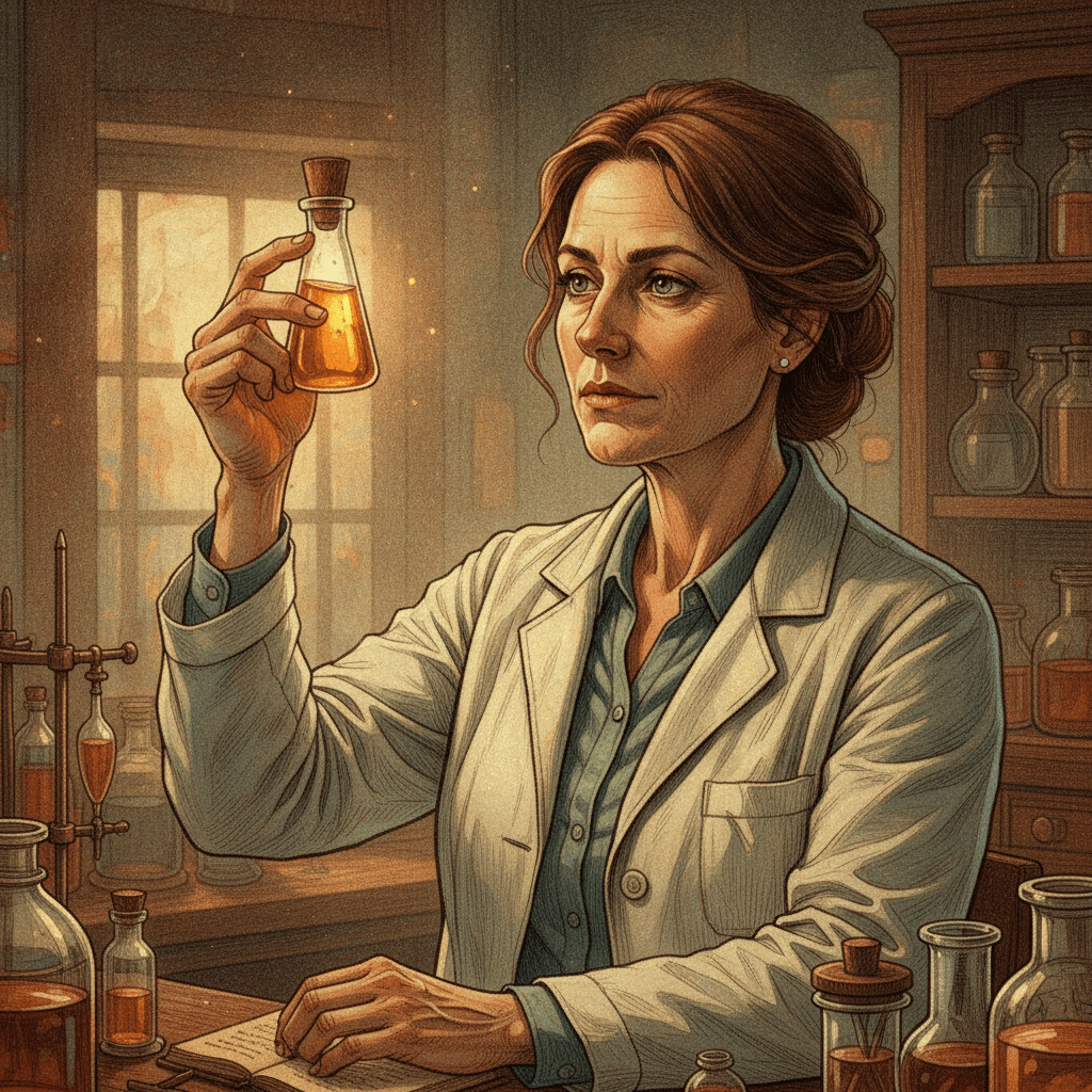 Cinematic hyperrealistic art: a determined, experienced scientist (late 40s) in a dimly lit, richly textured laboratory, hold