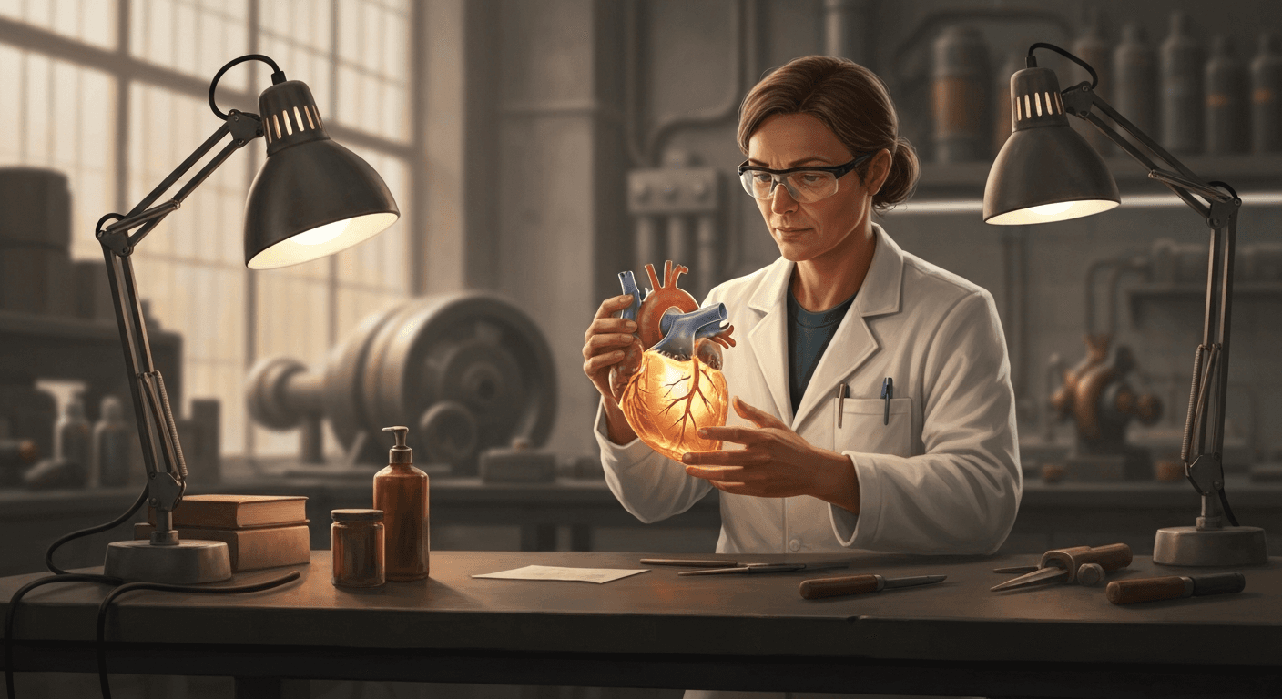 Cinematic hyperrealistic art: A scientist, in their late 40s with a thoughtful expression, gently adjusts a transparent, orga