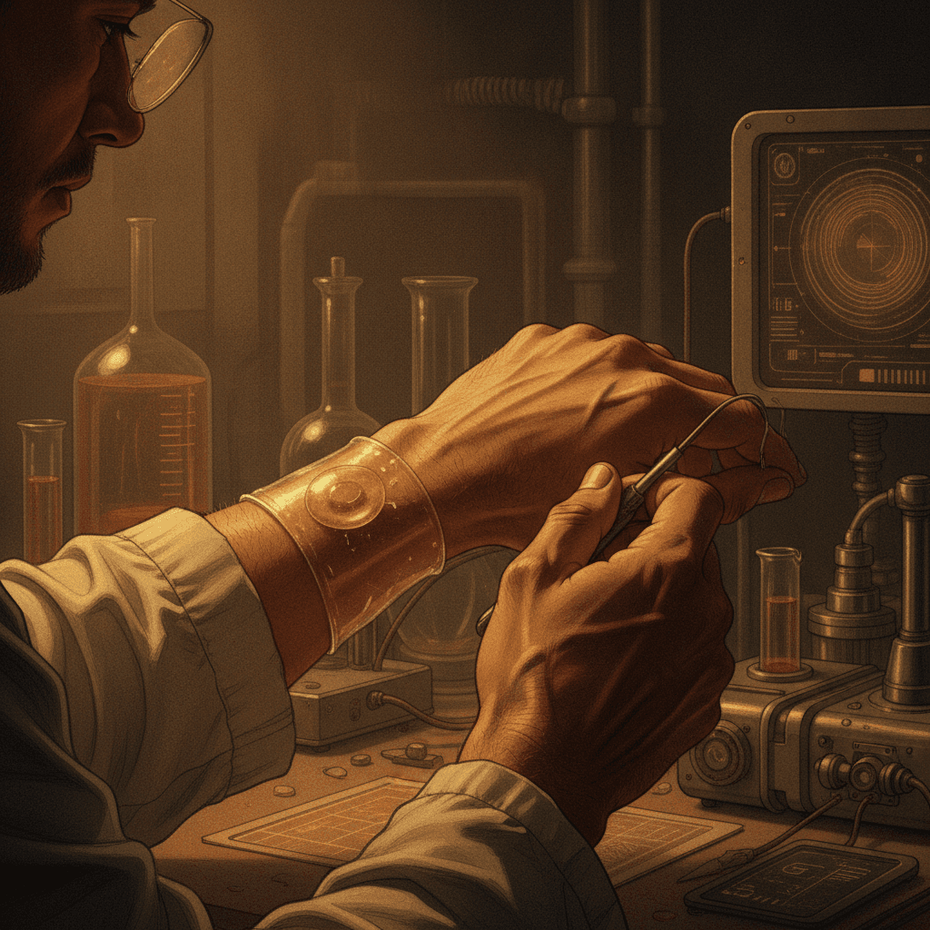 Cinematic hyperrealistic digital art: A persons hand with a subtle, transparent, shimmering hydrogel sensor conforming perfe