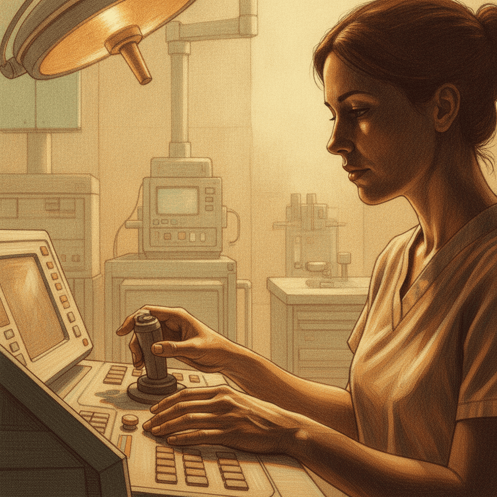 Cinematic hyperrealistic digital art: A doctor or technician, their face partially obscured by shadow, sits intensely focused
