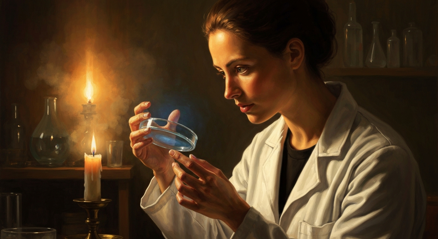 Cinematic hyperrealistic art: A female scientist with intense focus, gently holding a petri dish glowing with a subtle blue l