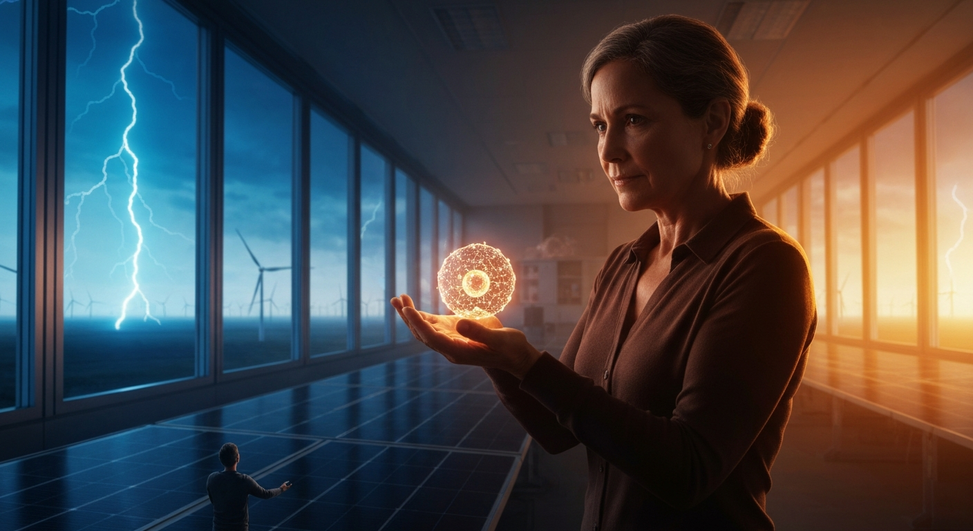 Cinematic hyperrealistic art: A woman in her late 50s, a sense of quiet determination on her face, holds a single, glowing, i