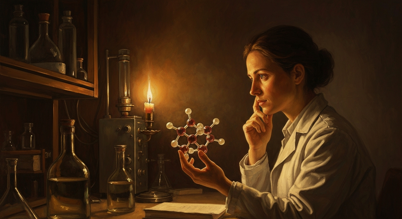 Cinematic hyperrealistic art: A lone, thoughtful scientist in a warmly lit, slightly shadowy laboratory, holding a glowing, a