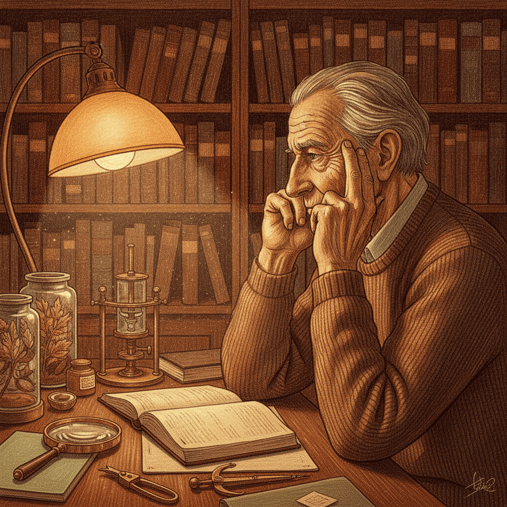 Cinematic hyperrealistic art: An elderly persons contemplative profile, face softly illuminated by a warm amber lamp in a qu