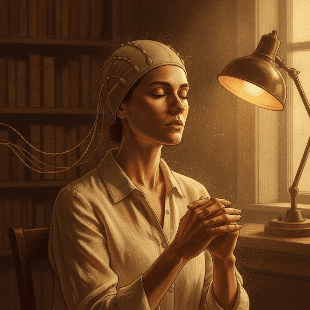 Cinematic hyperrealistic art: A person in quiet contemplation, eyes closed, with a soft EEG cap on their head, delicate wires
