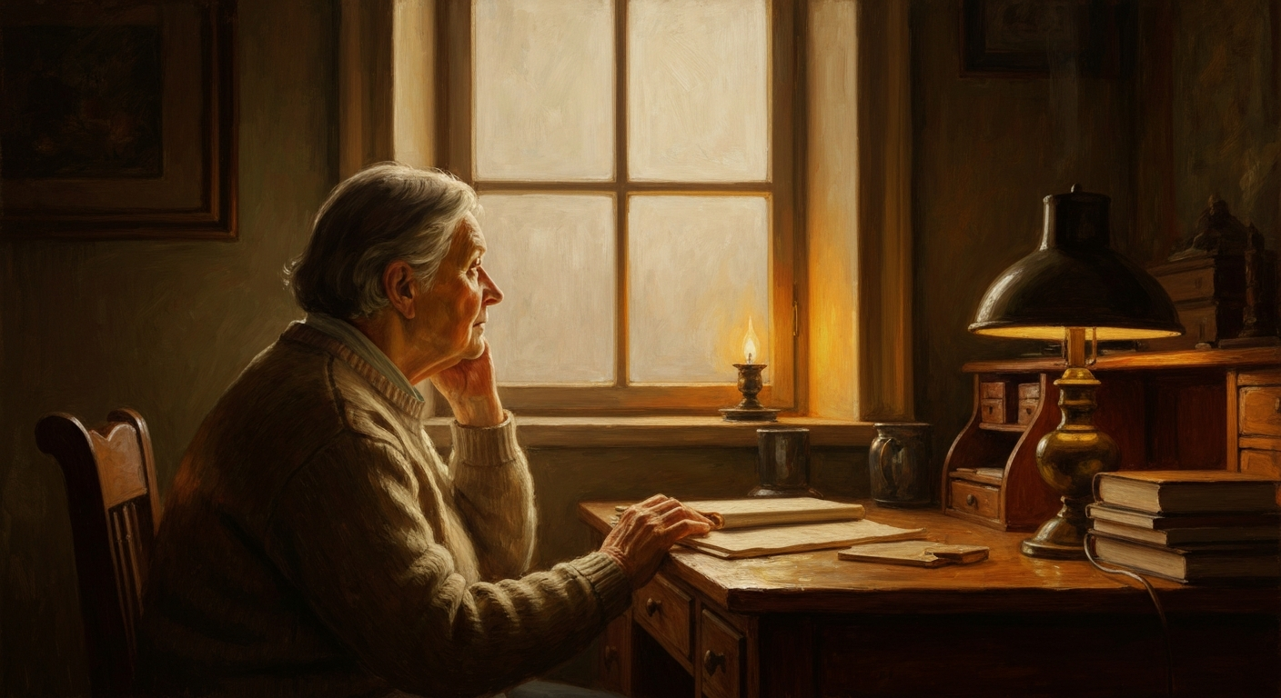 Cinematic hyperrealistic art: An older person, perhaps with a thoughtful expression, looking out a window into a soft, hazy l