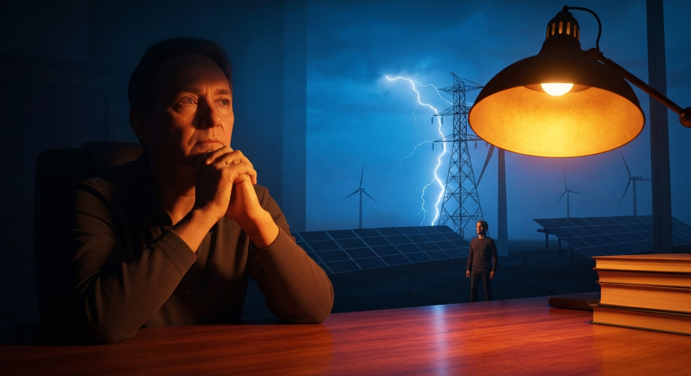 Cinematic hyperrealistic digital art: A contemplative person, mid-age, with eyes gazing slightly off-camera, sitting at a ric