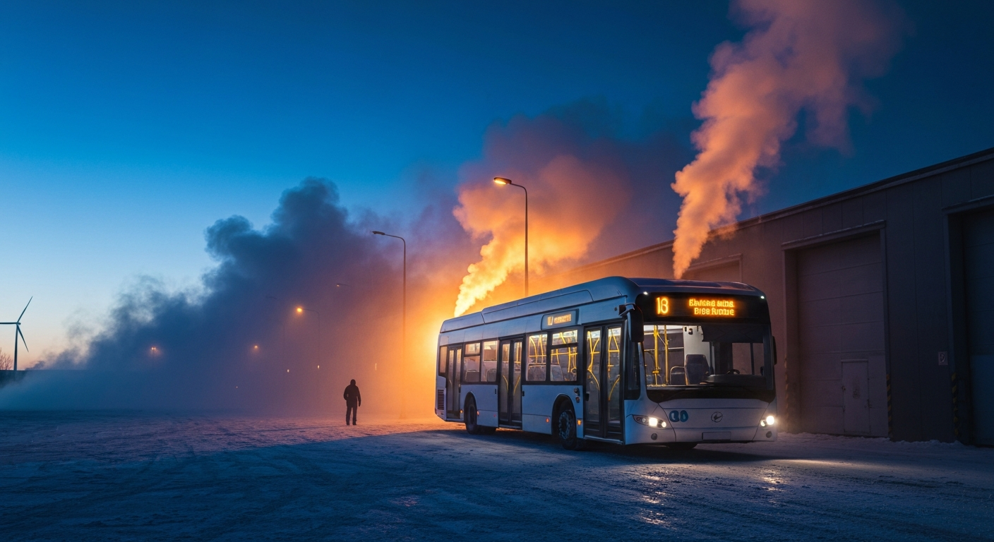 Cinematic hyperrealistic art: A lone electric city bus, gently glowing from internal lights, parked in a snow-dusted urban de