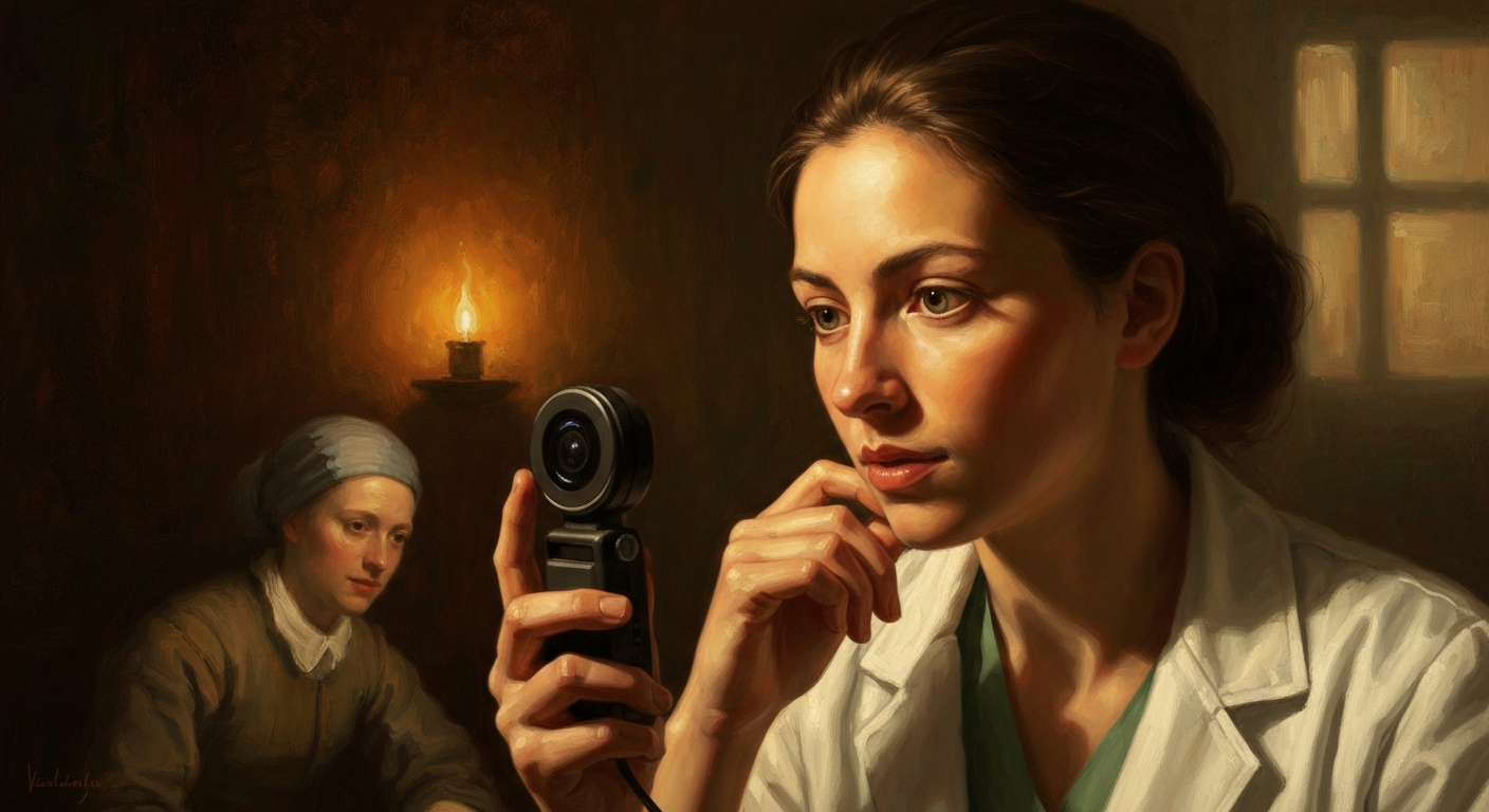 Cinematic hyperrealistic art: A thoughtful young female doctor in a dimly lit, richly textured clinic room, looking intensely