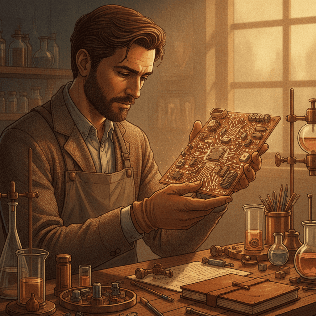 Cinematic hyperrealistic digital art: a contemplative scientist, mid-30s, looking intently at a glowing, intricate circuit bo