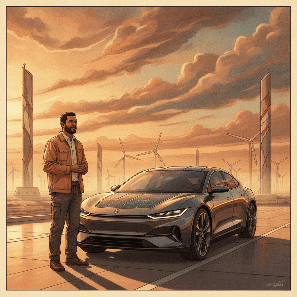 Cinematic hyperrealistic art: A sleek, dark electric car with subtly integrated solar panels reflecting a dramatic golden-hou