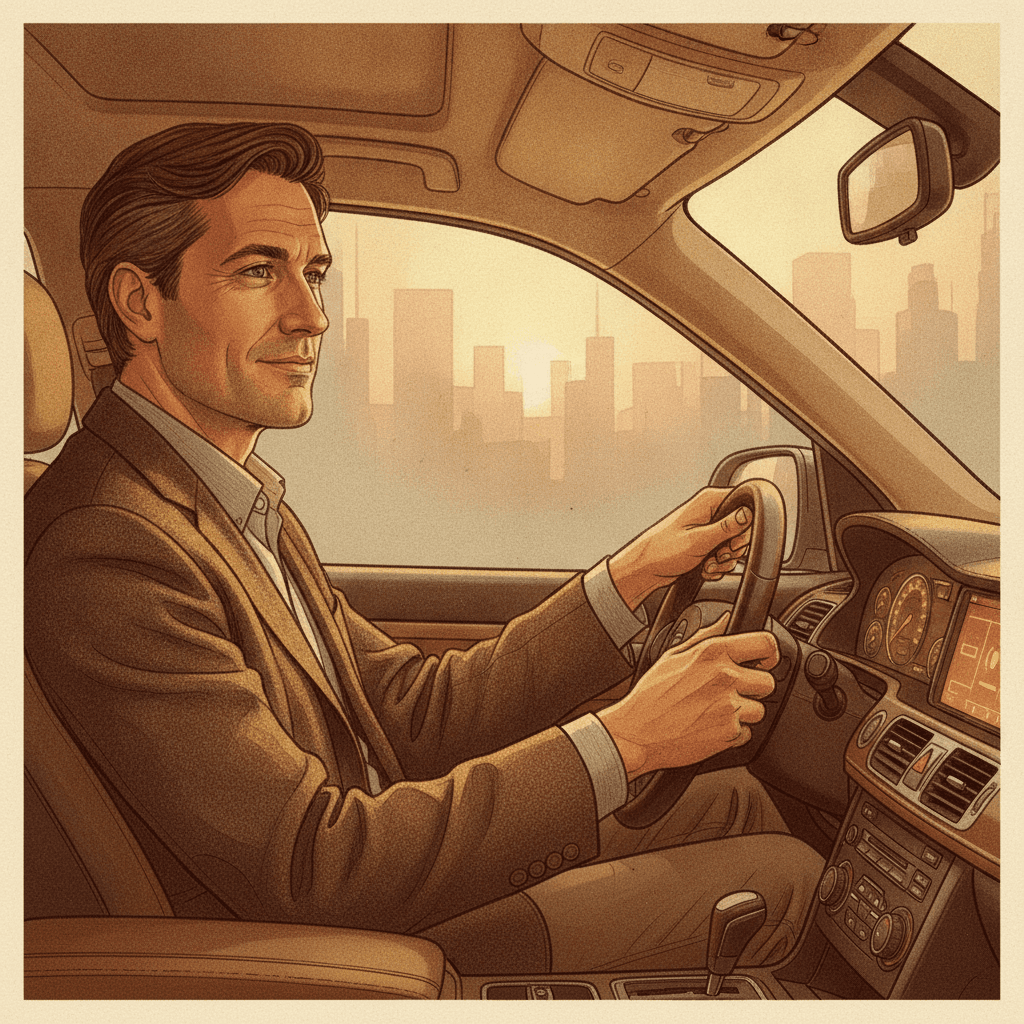 Cinematic hyperrealistic art: a contemplative driver, hands gently resting on a steering wheel, gazing slightly past the dash
