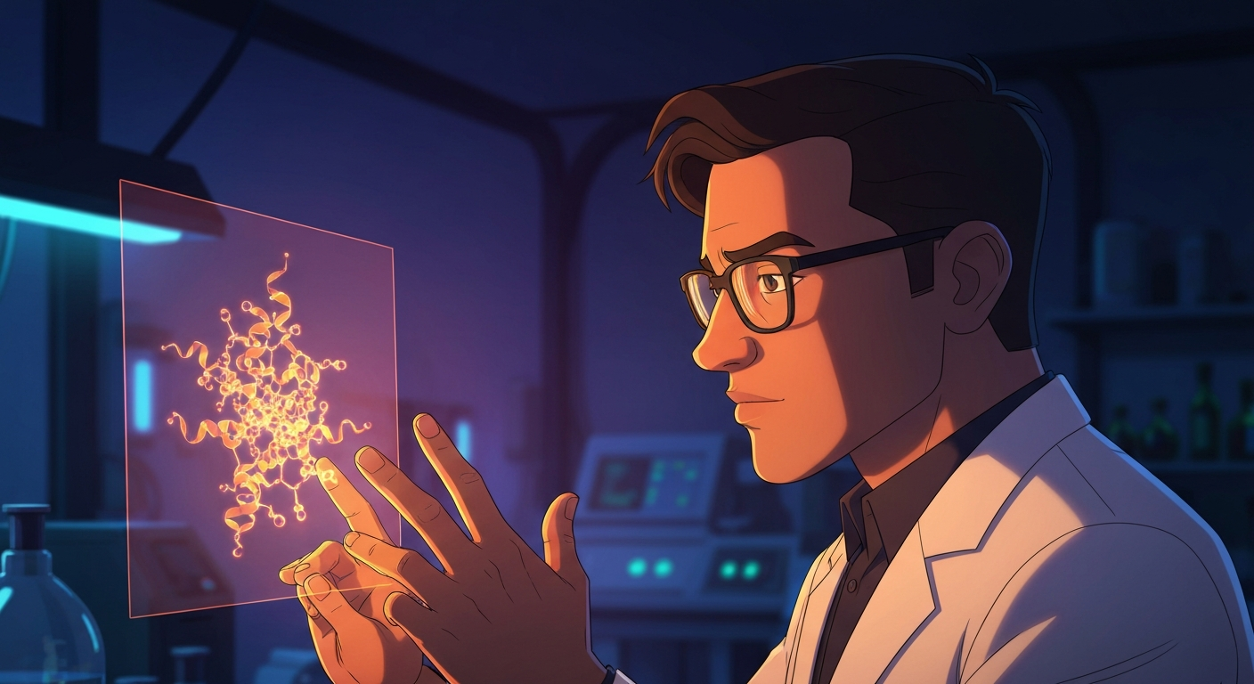 Cinematic hyperrealistic art: A thoughtful, focused scientist (male, 30s, mixed ethnicity) with glasses, gently touching a ho