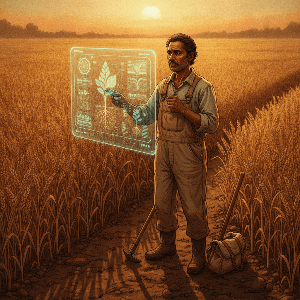 Cinematic hyperrealistic art: a farmer standing in a vast, amber-lit field at golden hour, gazing at a glowing, transparent h
