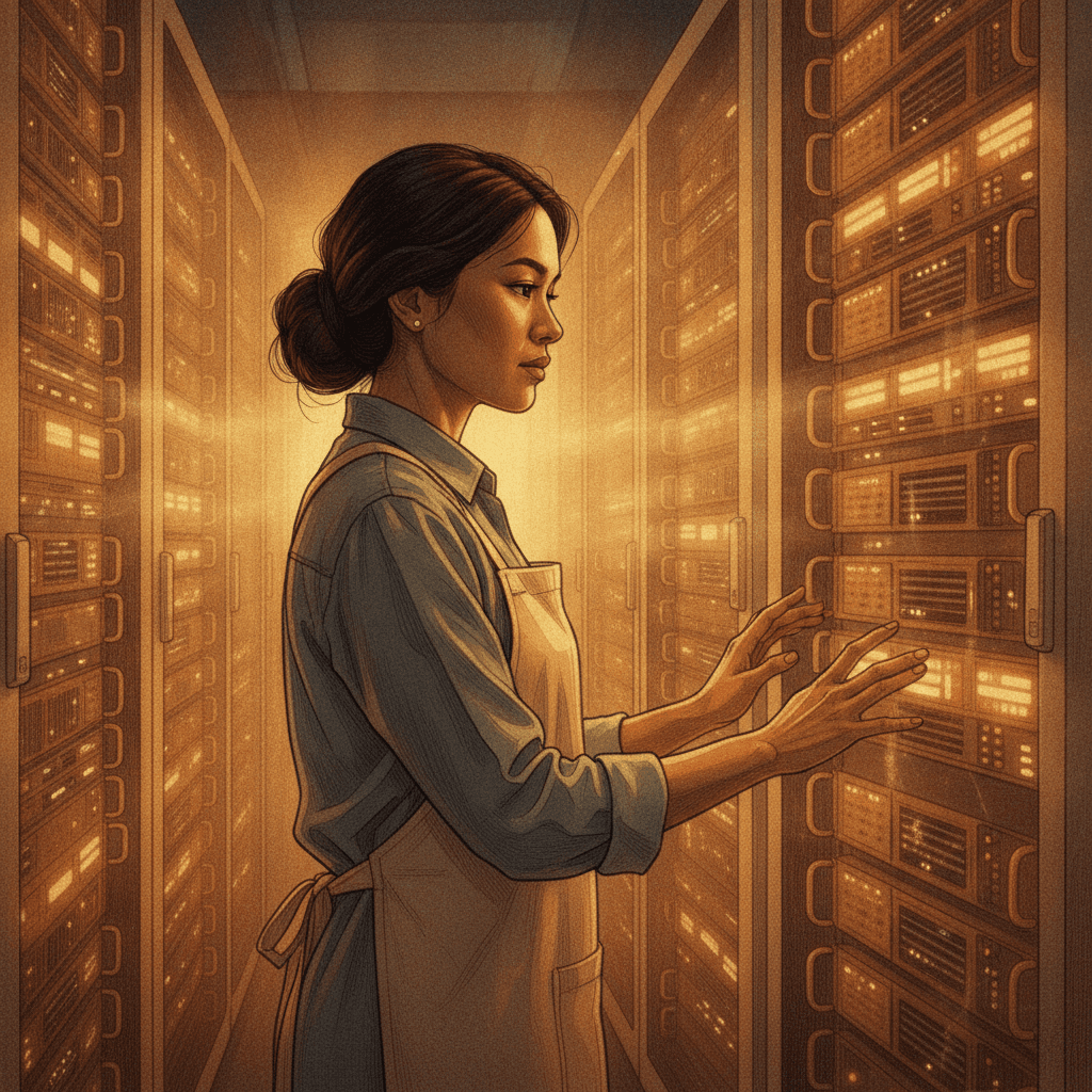 Cinematic hyperrealistic art: A thoughtful medical researcher stands in a dimly lit, high-tech server room, silhouetted again