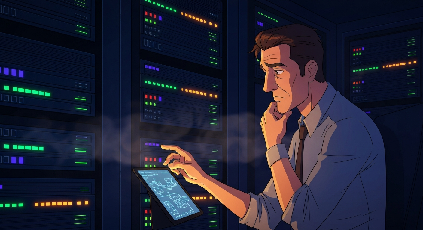 Cinematic hyperrealistic digital art: A lone security architect sits in a deeply shadowed server room, illuminated by the war