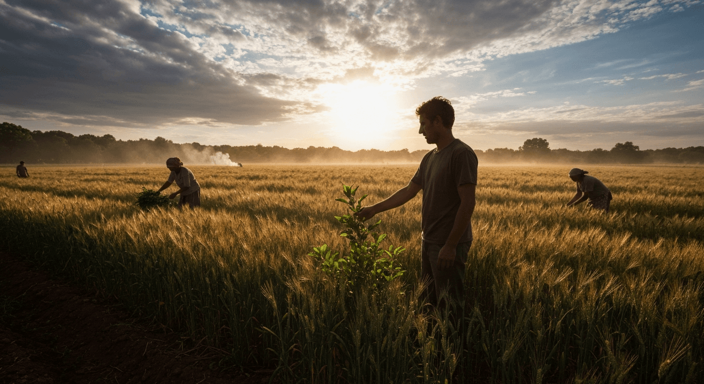 Cinematic hyperrealistic art: A farmer stands in a vast, amber-lit field of flourishing crops at golden hour, silhouetted aga