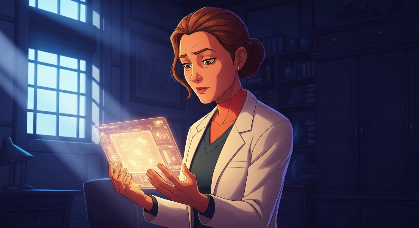 Cinematic hyperrealistic digital art: A focused, thoughtful female doctor in her late 40s, with deep lines of concentration a