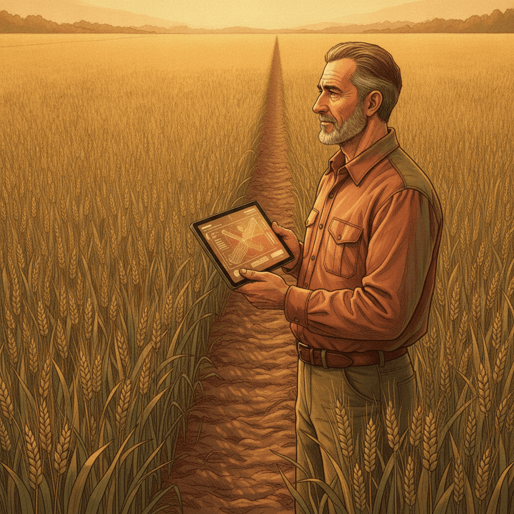 Cinematic hyperrealistic art: A seasoned farmer stands at golden hour in a vast, perfectly green field of thriving crops, per