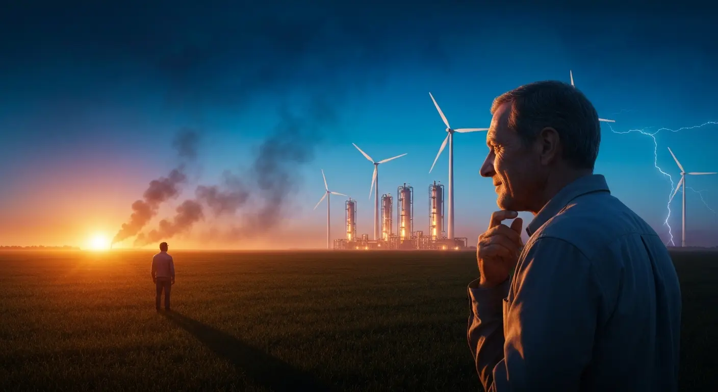 Cinematic hyperrealistic digital art of a thoughtful farmer standing at dusk in a vast field, looking towards a cluster of fu