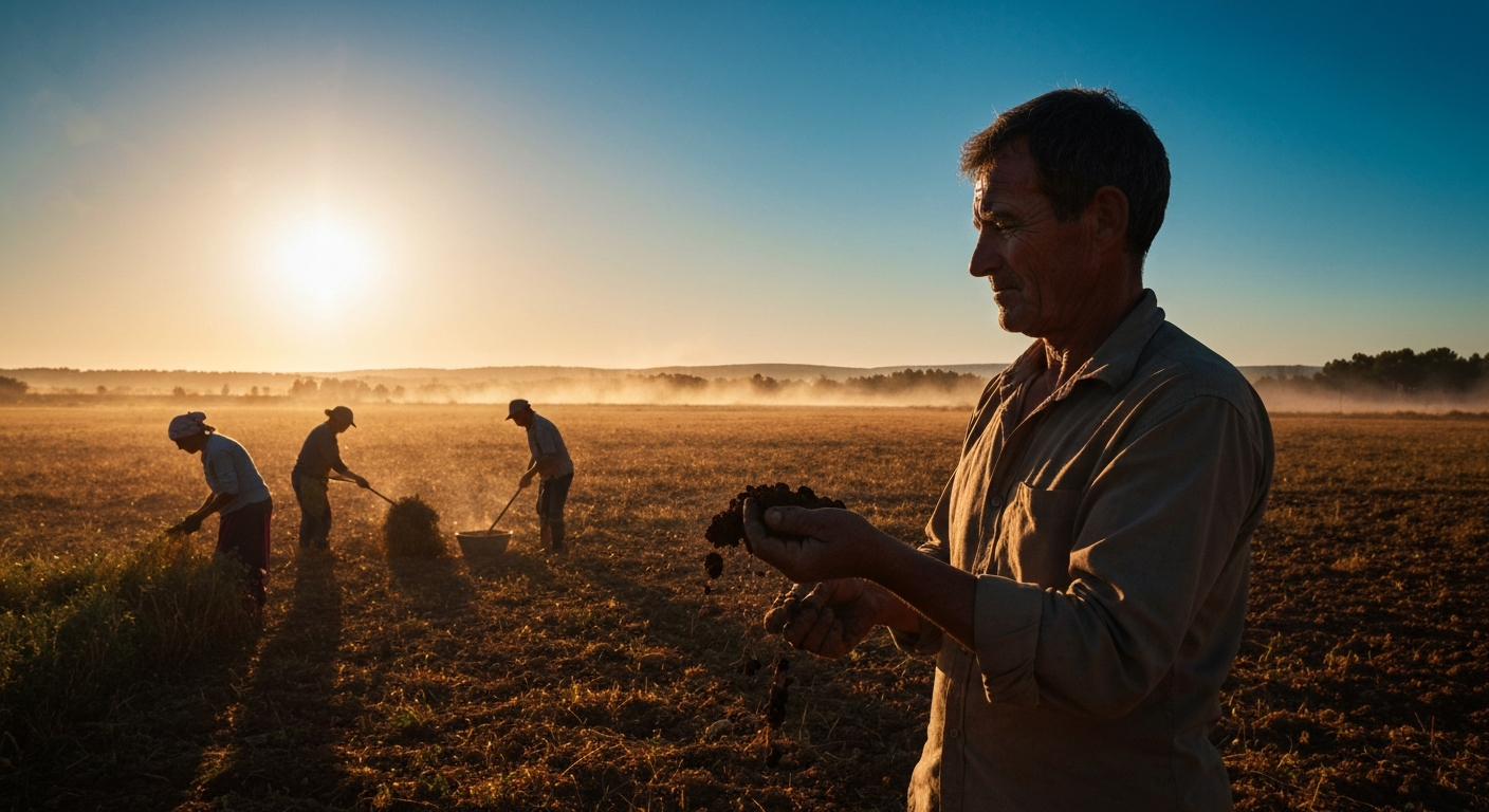 Cinematic hyperrealistic art: A farmer, weathered face, stands silhouetted against a vast, amber-lit field at golden hour. Dr