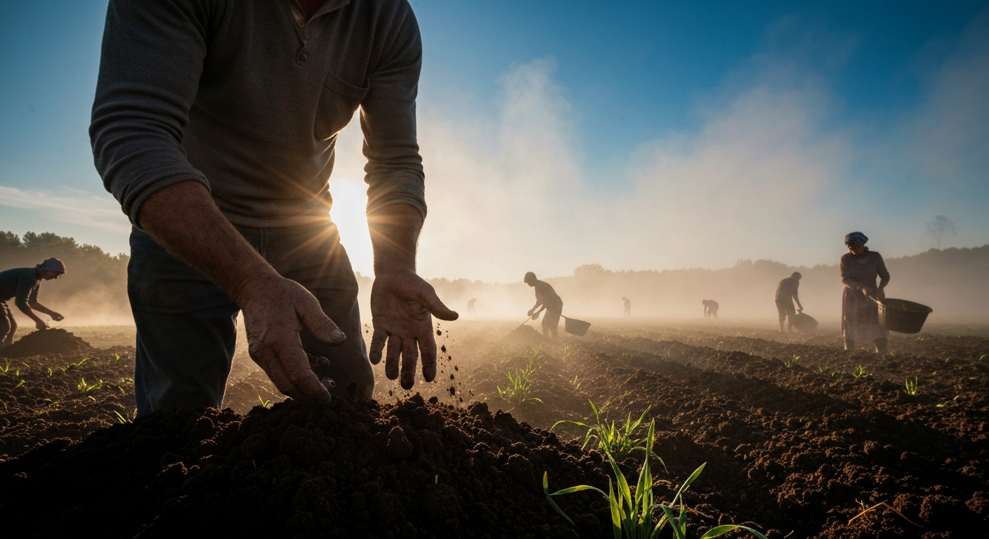 Cinematic hyperrealistic art: A farmer, weathered hands gently sifting dark, rich soil, standing in a vast, subtly misty fiel