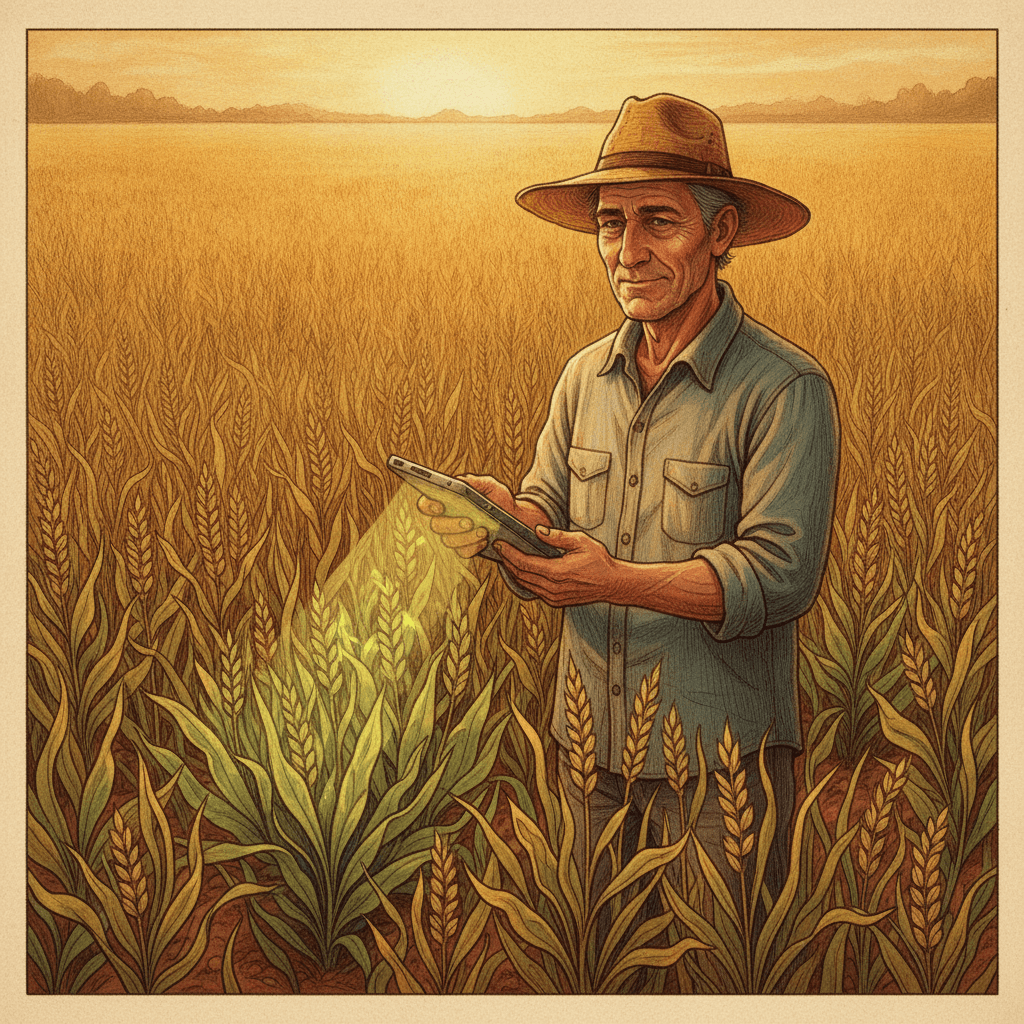 Cinematic hyperrealistic art: A farmer stands in a vast, amber-lit field at golden hour, holding a sleek, futuristic handheld