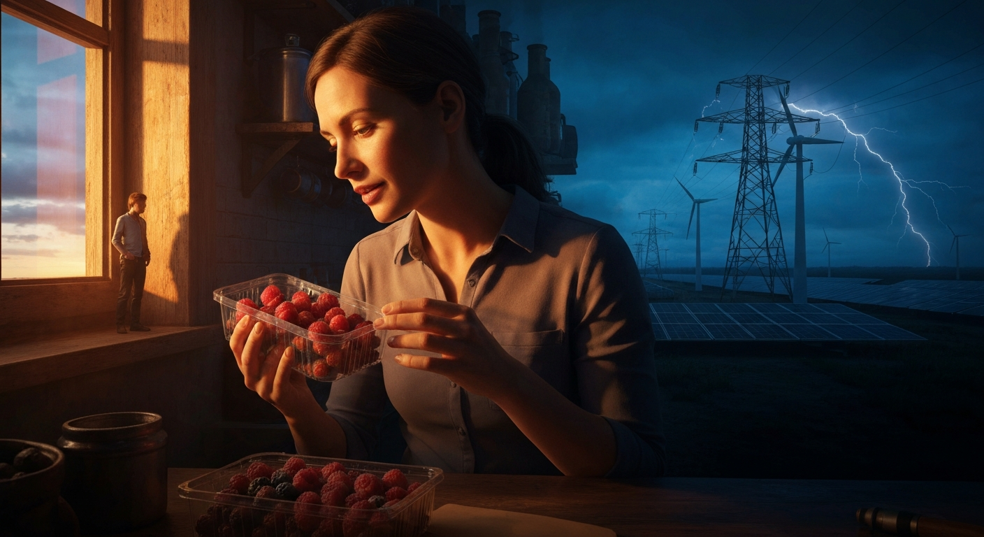 Cinematic hyperrealistic art: A woman thoughtfully inspecting a package of fresh berries in a dimly lit, rustic kitchen. Warm