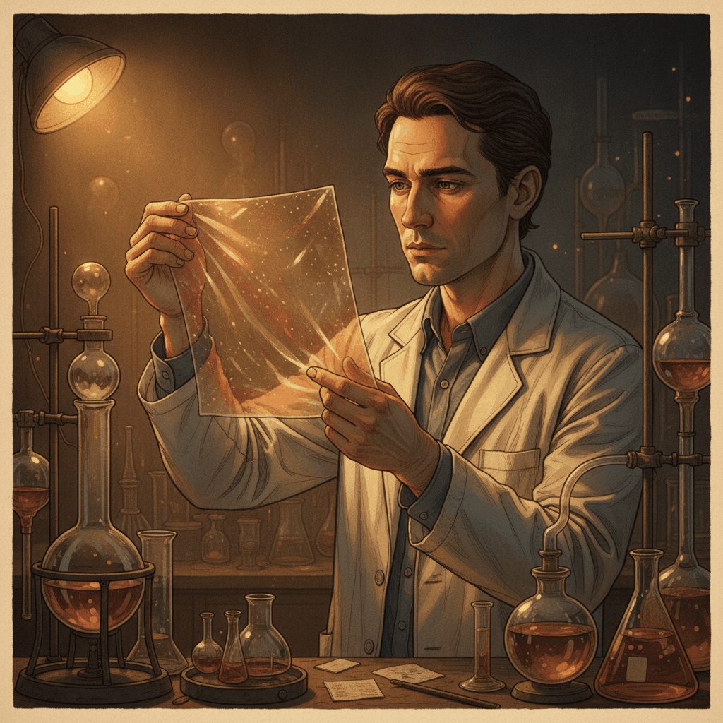 Cinematic hyperrealistic art: A scientist holds a translucent, shimmering sheet of bioplastic film made from fruit residue, i