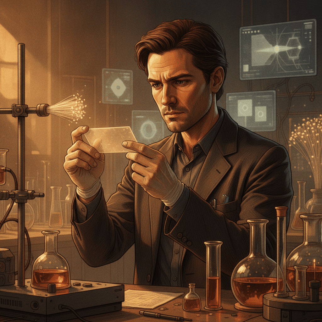 Cinematic hyperrealistic digital art: A scientist, in their late 30s, with intense focus, gently holding a glowing, transluce