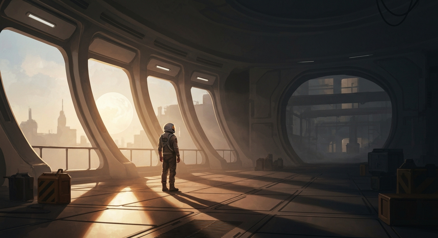 Cinematic hyperrealistic art: A lone astronaut stands within a vast, dimly lit cylindrical habitat, looking out at a softly g