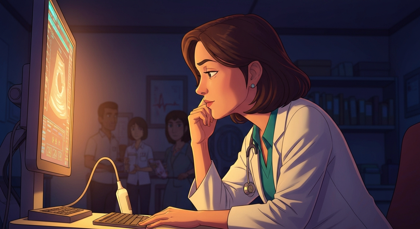 Cinematic hyperrealistic art: A cardiologist in a dimly lit, warm-toned examination room, leaning over a glowing ultrasound m