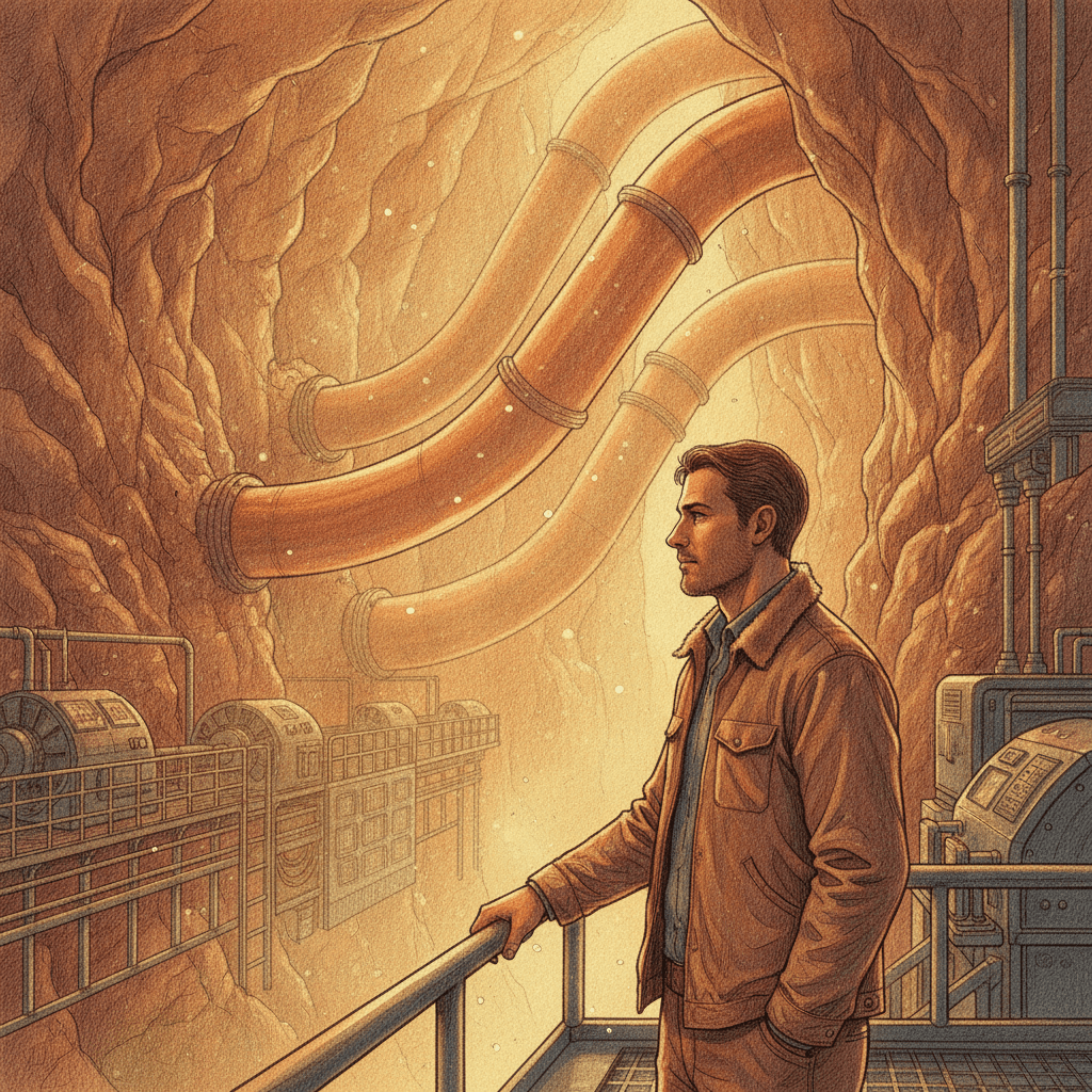 Cinematic hyperrealistic art: An engineer with a thoughtful expression stands silhouetted against a vast, warmly lit cave-lik
