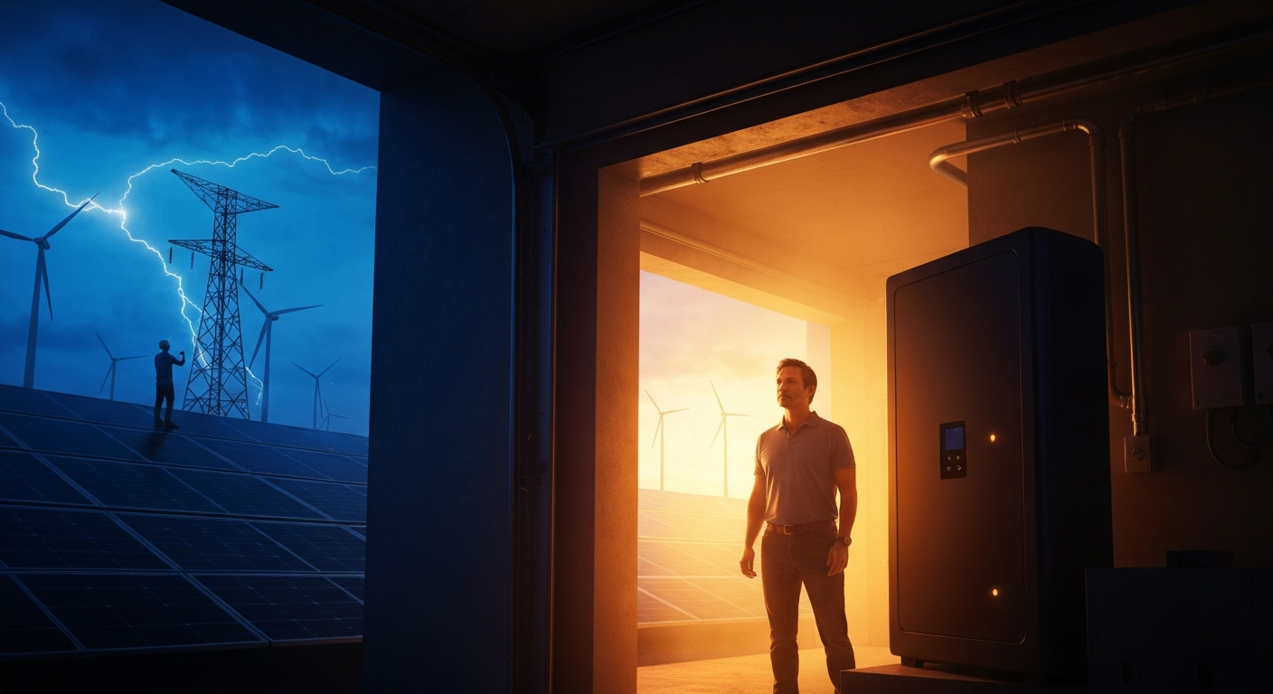 Cinematic hyperrealistic art: a contemplative person, an engineer or homeowner, stands in a warmly lit garage or utility room