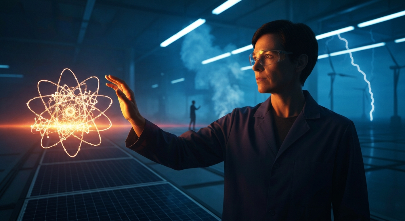 Cinematic hyperrealistic art: A scientist, mid-40s, with short dark hair, wearing a dark blue lab coat, stands in a dimly lit