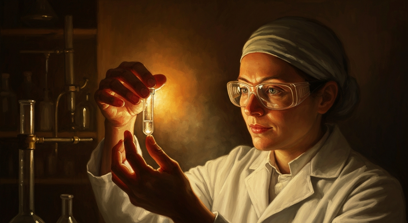 Cinematic hyperrealistic art: A scientist in a warmly lit, slightly dim laboratory, holding up a small, clear vial containing