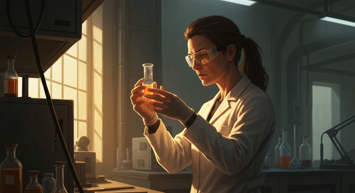 Cinematic hyperrealistic digital art: A scientist, mid-career and focused, stands in a dimly lit, high-tech lab. Warm amber l