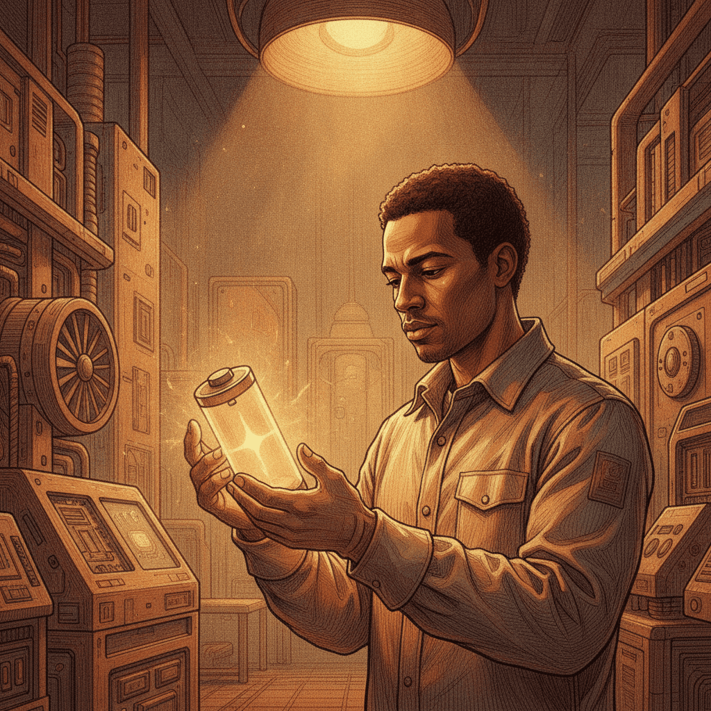 Cinematic hyperrealistic art: A lone engineer in a dimly lit, high-tech laboratory, holding a glowing, ethereal battery cell