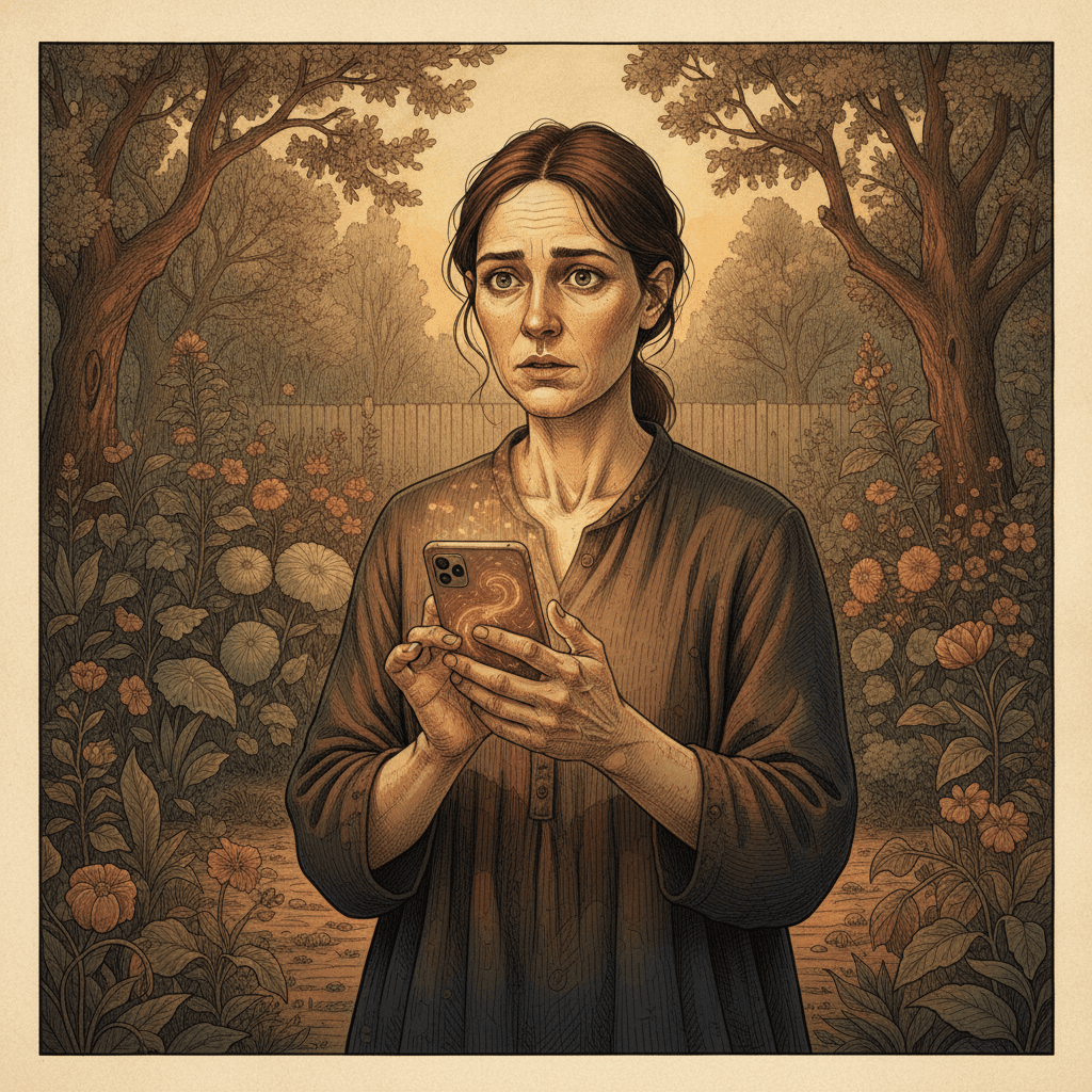 Cinematic hyperrealistic art: A person, perhaps a concerned parent or a curious child, holding a smartphone, looking intently