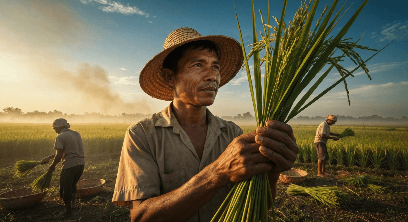 Cinematic hyperrealistic digital art: A young farmer with weathered hands holds a vibrant green rice stalk against a dramatic