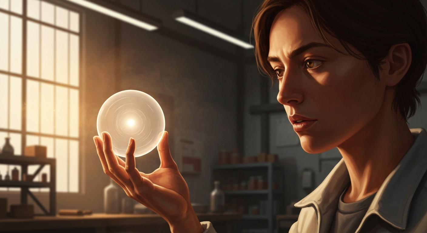 Cinematic hyperrealistic art: A persons hand gently holds a translucent, glowing disc-like object that subtly hums with inte