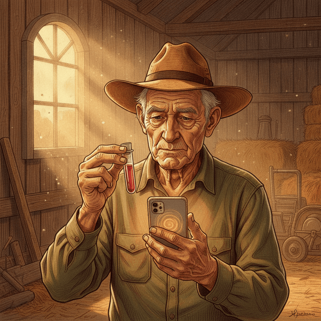 Cinematic hyperrealistic art: A farmer, weathered face illuminated by the warm, amber glow of a smartphone screen, holds a sm
